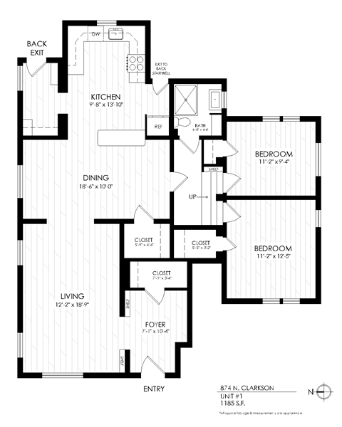 Floor plan for 2 beds, 1 bath, 1185 sqft